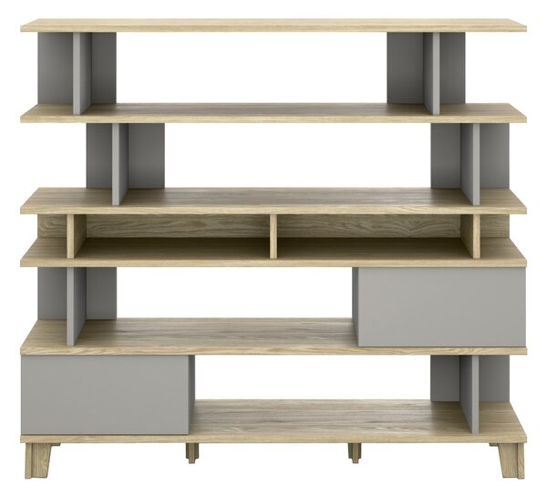 Könyvespolc Evarveru 104, Nyitott, hátsó fal nélkül, Laminált forgácslap, 147x165x42cm, Szürke, Tölgy