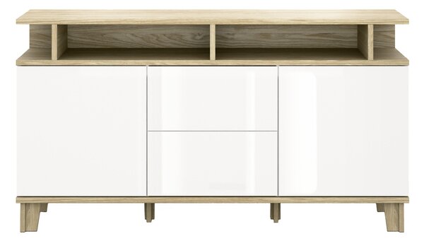 Komód Evarveru 105, Laminált forgácslap, 90x165x42cm, Fényes fehér, Tölgy