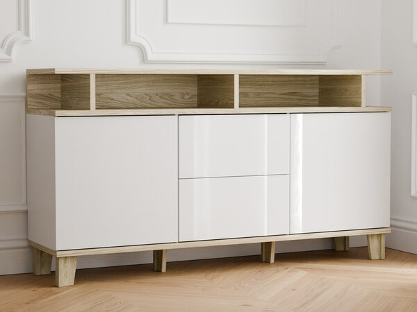 Komód Evarveru 105, Laminált forgácslap, 90x165x42cm, Fényes fehér, Tölgy