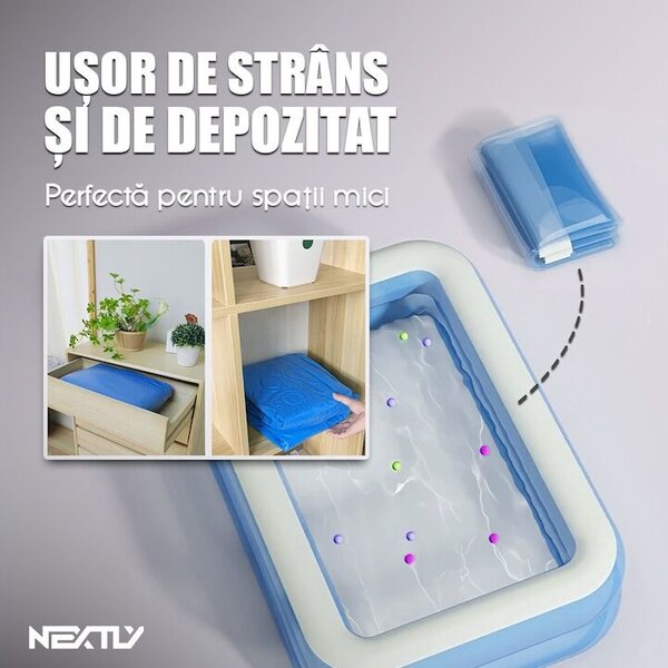 NEXTLY felfújható úszómedence, kültéri használatra, kiváló minőségű PVC anyagból, könnyen tisztítható és karbantartható, 200x150x50cm, fehér-kék színű