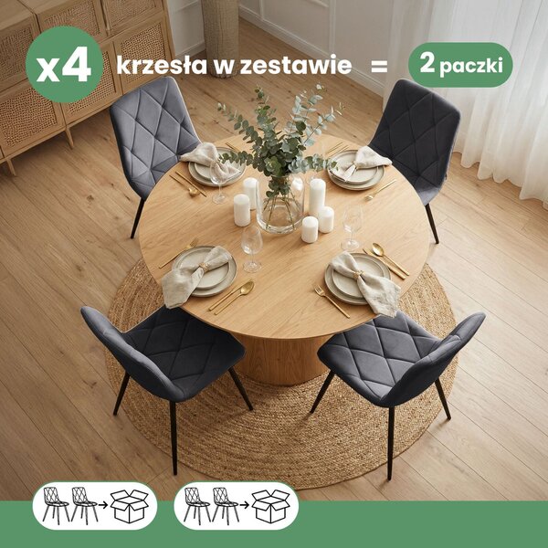 AKORD MILO Kárpitozott Étkezőszék Welur Sötét Grafitszürke Fekete Lábakkal Rombusz Steppelés 4 db