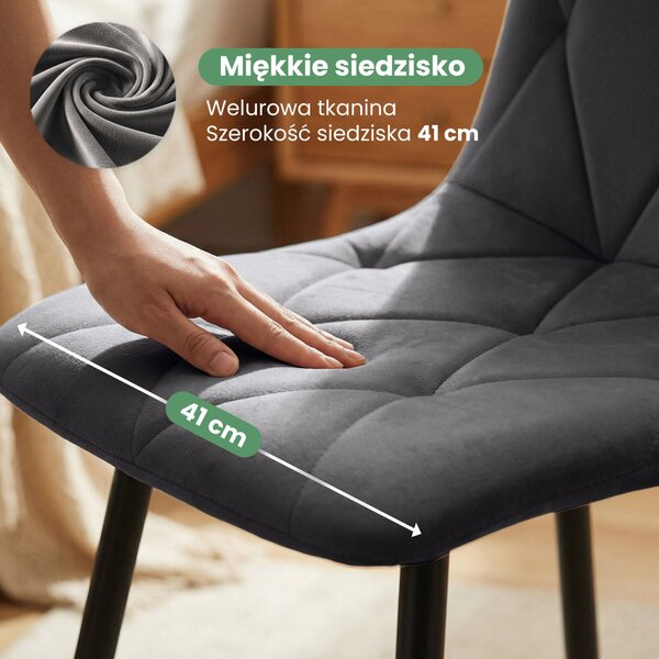 AKORD MILO Kárpitozott Étkezőszék Welur Sötét Grafitszürke Fekete Lábakkal Rombusz Steppelés 4 db
