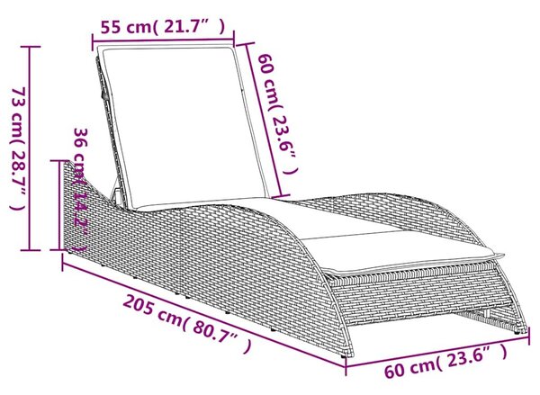 VidaXL barna polyrattan napozóágy párnával 60 x 205 x 73 cm