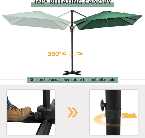Outsunny Kerti Napernyő Tekerővel, 360°-os Forgatással, Szellőzőnyílásokkal és Állítható Napellenzővel, 2,5x2,5 m, Zöld