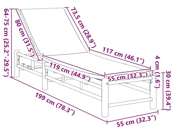 VidaXL Bambusz napozóágy párnákkal 55x199x30 cm