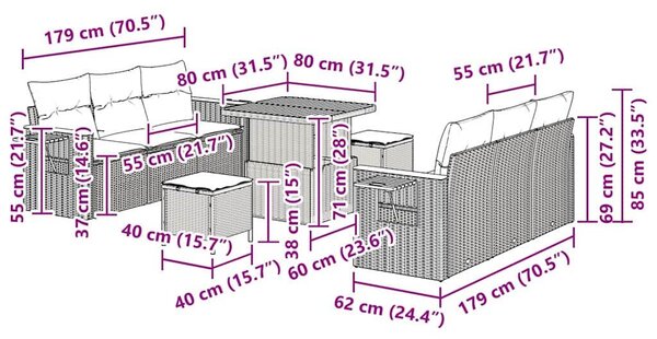 VidaXL Kerti Kanapé Szett 9 pcs Szürke Poli rattan és porfestett acél