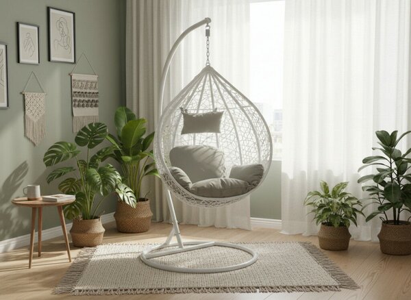 Fehér, polyrattan függőfotel szürke párnával