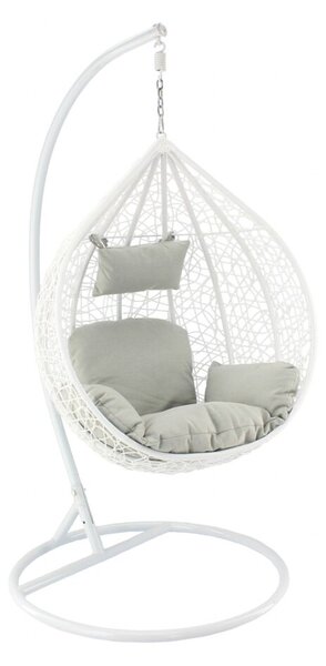 Fehér, polyrattan függőfotel szürke párnával