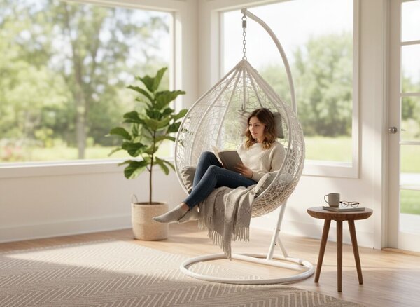 Fehér, polyrattan függőfotel szürke párnával