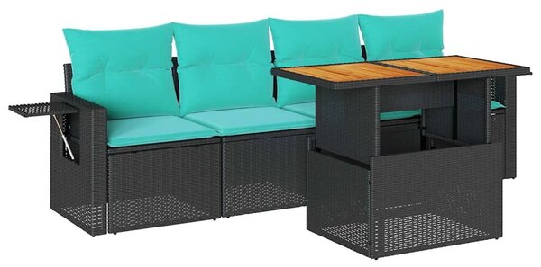 VidaXL 5 részes fekete polyrattan kerti kanapészett párnákkal