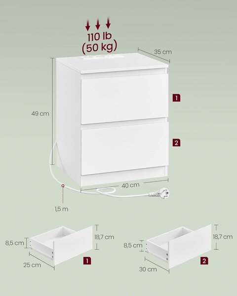 VASAGLE Kailyn éjjeli szekrény 2 fiókkal, 2 integrált konnektorral és 2 USB-csatlakozóval, 40x35x49 cm, fehér