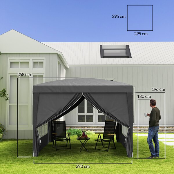 Outsunny vízálló kerti pavilon összecsukható oldalpanelekkel, acél vázzal és tetővel, 2,95 x 2,95 x 2,58 m, szürke