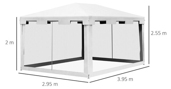 Outsunny 4x3 m-es Pavilon Szúnyoghálóval és 2 Bejárattal, Kerti Pavilon Fém- és PE Anyagból, Fehér, Fekete