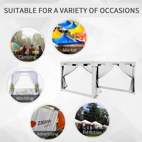 Outsunny 4x3 m-es Pavilon Szúnyoghálóval és 2 Bejárattal, Kerti Pavilon Fém- és PE Anyagból, Fehér, Fekete