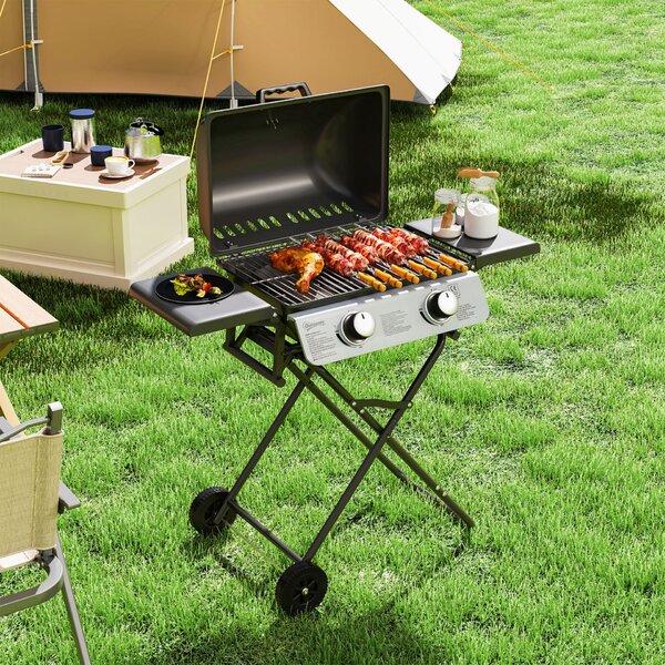 Outsunny Hordozható Gázgrill 2 Égővel és 2 Oldalsó Asztallal, Fedéllel, Hőmérővel és Kerekekkel, Fekete