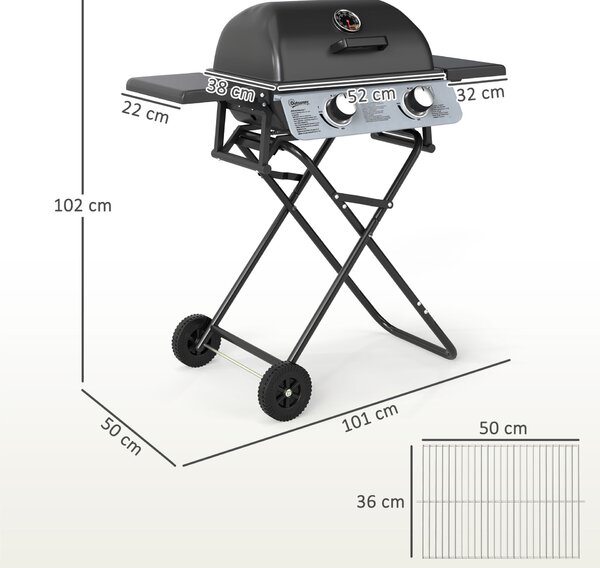 Outsunny Hordozható Gázgrill 2 Égővel és 2 Oldalsó Asztallal, Fedéllel, Hőmérővel és Kerekekkel, Fekete