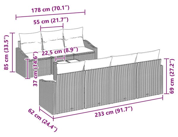 VidaXL Kanapé Szett párnával 8 pcs Fekete és Türkiz polirattan