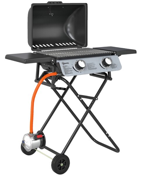 Outsunny Hordozható Gázgrill 2 Égővel és 2 Oldalsó Asztallal, Fedéllel, Hőmérővel és Kerekekkel, Fekete