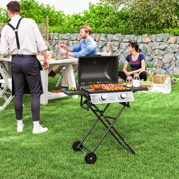 Outsunny Hordozható Gázgrill 2 Égővel és 2 Oldalsó Asztallal, Fedéllel, Hőmérővel és Kerekekkel, Fekete