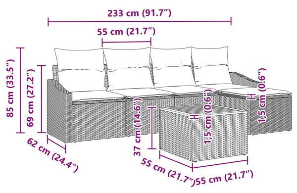 VidaXL Kerti Kanapé Szett párnával 6 pcs Fekete polirattan