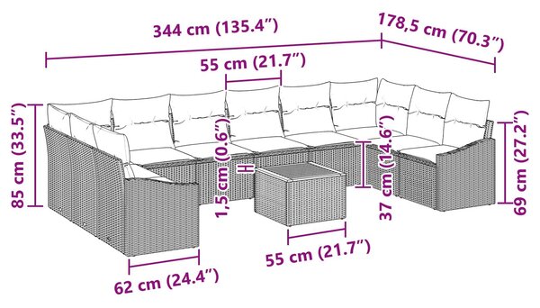 VidaXL Kerti Kanapé Szett párnával 11 pcs Fekete polirattan