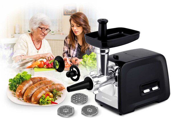 Berdsen BD-601A húsdaráló, 450/1200 W, ezüst/fekete, rozsdamentes acél kés és tárcsa, visszaforgató funkció, csúszásmentes talp