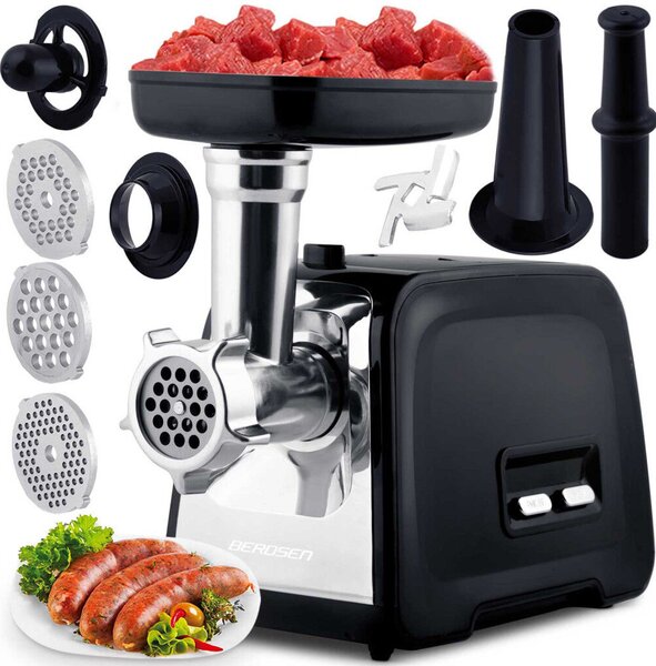 Berdsen BD-601A húsdaráló, 450/1200 W, ezüst/fekete, rozsdamentes acél kés és tárcsa, visszaforgató funkció, csúszásmentes talp