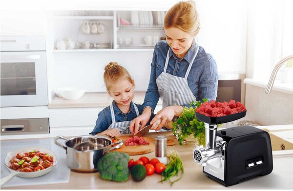 Berdsen BD-601A húsdaráló, 450/1200 W, ezüst/fekete, rozsdamentes acél kés és tárcsa, visszaforgató funkció, csúszásmentes talp