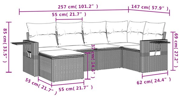 VidaXL 6 db szürke polyrattan kerti kanapégarnitúra párnákkal