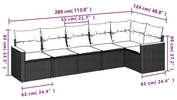 VidaXL 6 db fekete polyrattan kerti kanapégarnitúra párnákkal