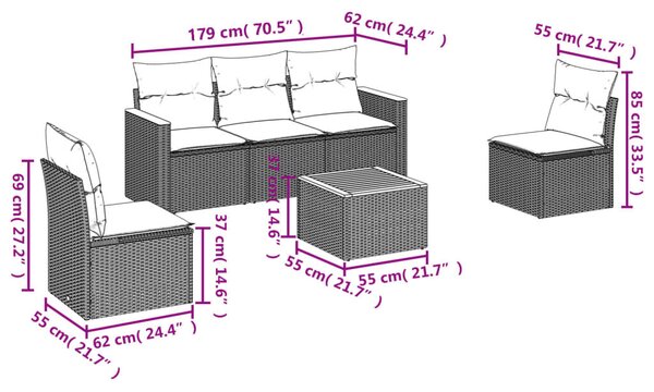 VidaXL 6 db fekete polyrattan kerti kanapégarnitúra párnákkal