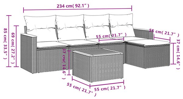 VidaXL 6 db fekete polyrattan kerti kanapégarnitúra párnákkal