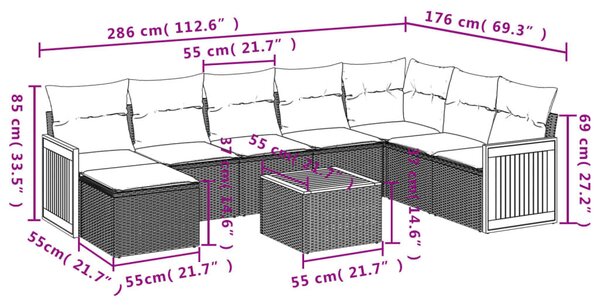 VidaXL 9 db szürke polyrattan kerti kanapégarnitúra párnákkal
