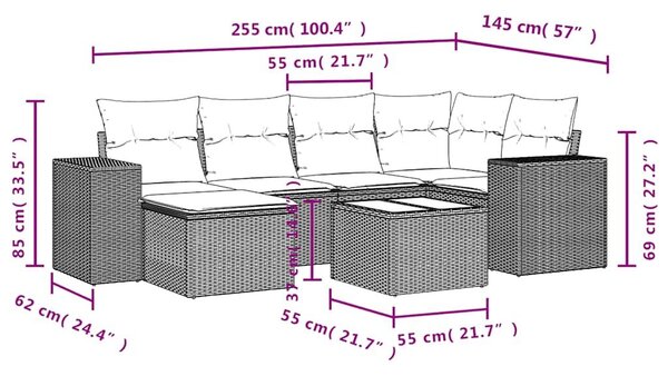 VidaXL 7 db barna polyrattan kerti kanapégarnitúra párnákkal