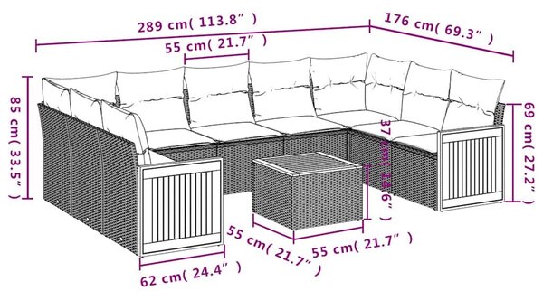 VidaXL 10 db fekete polyrattan kerti kanapégarnitúra párnákkal