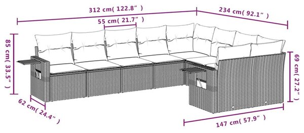 VidaXL 9 db barna polyrattan kerti kanapégarnitúra párnákkal