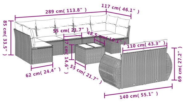 VidaXL 10 db barna polyrattan kerti kanapégarnitúra párnákkal