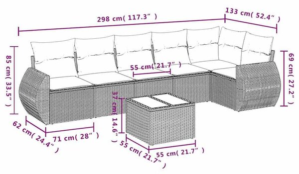 VidaXL 7 db fekete polyrattan kerti kanapégarnitúra párnákkal