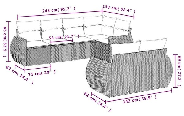 VidaXL 7 db barna polyrattan kerti kanapégarnitúra párnákkal