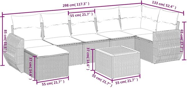 VidaXL 8 db fekete polyrattan kerti kanapégarnitúra párnákkal