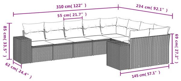 VidaXL 9 db fekete polyrattan kerti kanapégarnitúra párnákkal