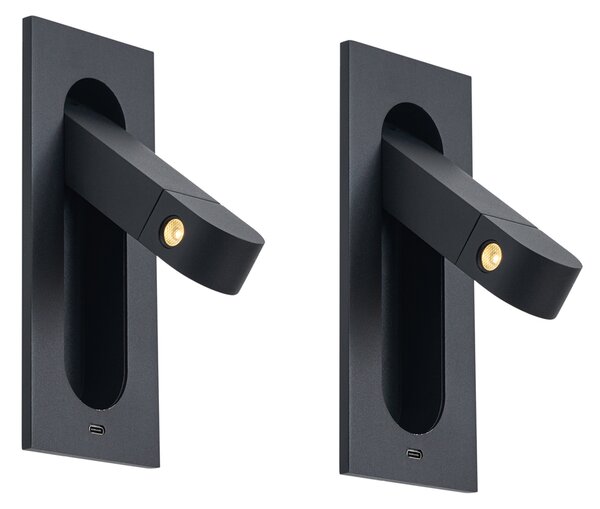 2 darabos modern fekete fali lámpa szett LED-del és USB-C porttal - Hilton