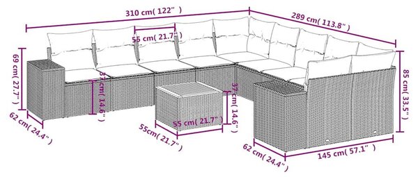 VidaXL 11 db fekete polyrattan kerti kanapégarnitúra párnákkal