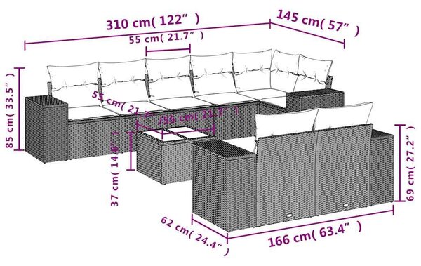 VidaXL 9 db fekete polyrattan kerti kanapégarnitúra párnákkal