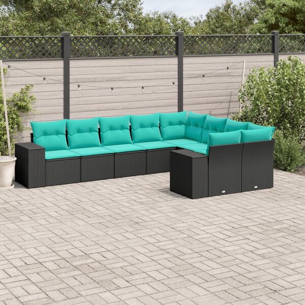 VidaXL 9 db fekete polyrattan kerti kanapégarnitúra párnákkal
