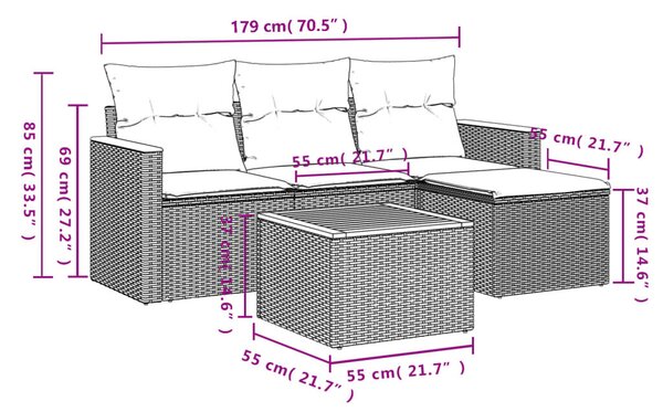 VidaXL 5 db fekete polyrattan kerti kanapégarnitúra párnákkal