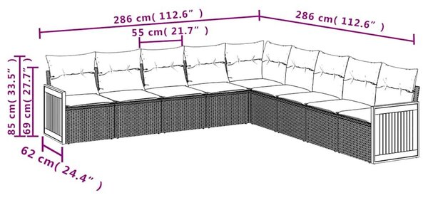 VidaXL 9 db fekete polyrattan kerti kanapégarnitúra párnákkal