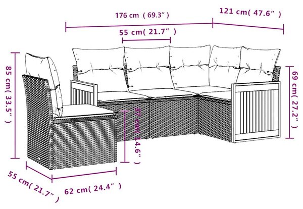 VidaXL 5 db fekete polyrattan kerti kanapégarnitúra párnákkal