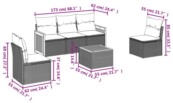 VidaXL 6 db fekete polyrattan kerti kanapégarnitúra párnákkal