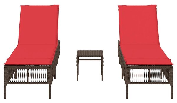 VidaXL 2 db barna polyrattan napozóágy asztallal